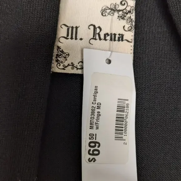 M. Rena Black Long Sleeve Fringe Cardigan Open Front Knit Size M NWT - Picture 2 of 7